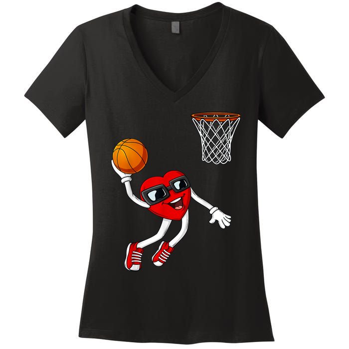 Valentines Day Heart Dunking Basketball Boys Girls Kids Women's V-Neck T-Shirt