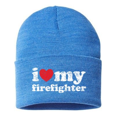 Vintage Distressed I Love My Firefighter Meaningful Gift Sustainable Knit Beanie