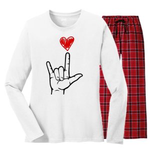 Valentines Day I Love You Hand Sign Asl Women's Long Sleeve Flannel Pajama Set 