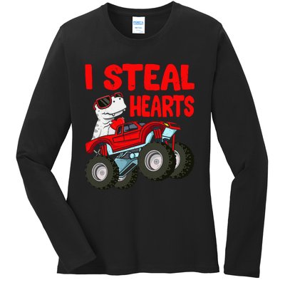 Valentines Day I Steal Hearts Funny Dino Trex Ladies Long Sleeve Shirt