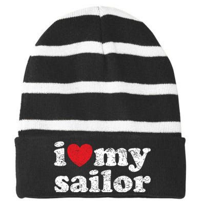 Vintage Distressed I Love My Sailor Meaningful Gift Striped Beanie with Solid Band