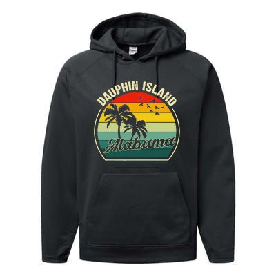 Vintage Dauphin Island Alabama Summer Vacation Sunset Palm Performance Fleece Hoodie