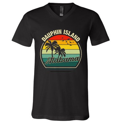 Vintage Dauphin Island Alabama Summer Vacation Sunset Palm V-Neck T-Shirt