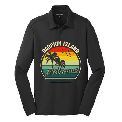 Vintage Dauphin Island Alabama Summer Vacation Sunset Palm Silk Touch Performance Long Sleeve Polo