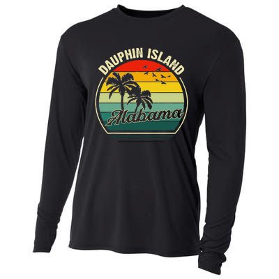 Vintage Dauphin Island Alabama Summer Vacation Sunset Palm Cooling Performance Long Sleeve Crew