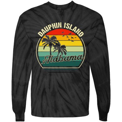 Vintage Dauphin Island Alabama Summer Vacation Sunset Palm Tie-Dye Long Sleeve Shirt