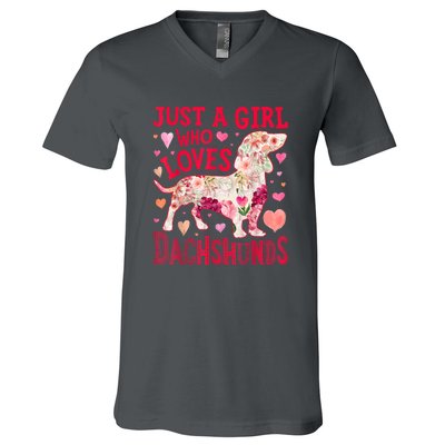 Valentine Day Just A Girl Who Loves Dachshunds Dog Flower Floral Best Gift V-Neck T-Shirt