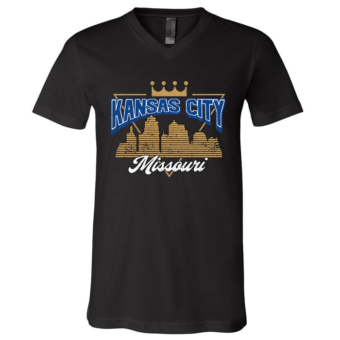 Vintage Distressed Kansas City Missouri City Skyline V-Neck T-Shirt