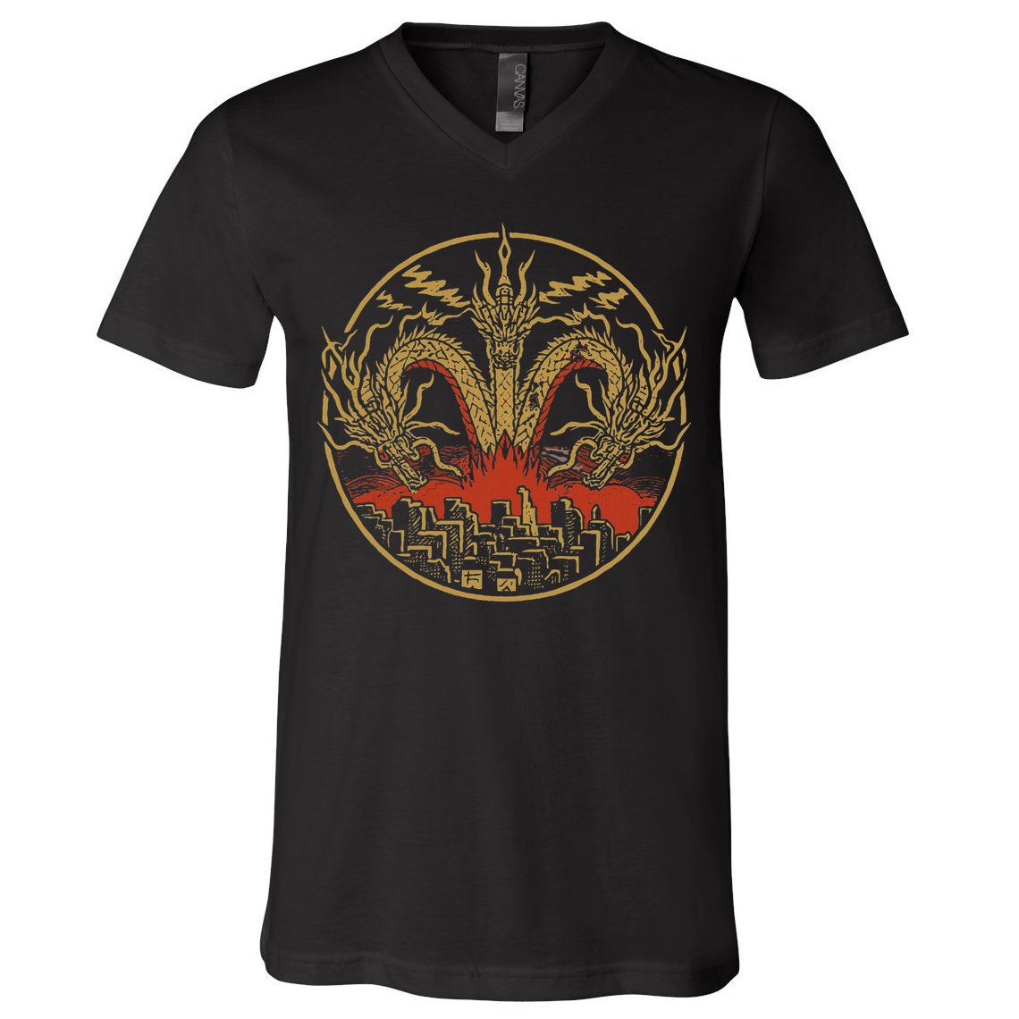 Vintage Dragon King Ghidorah Art Sunset Japanese V-Neck T-Shirt
