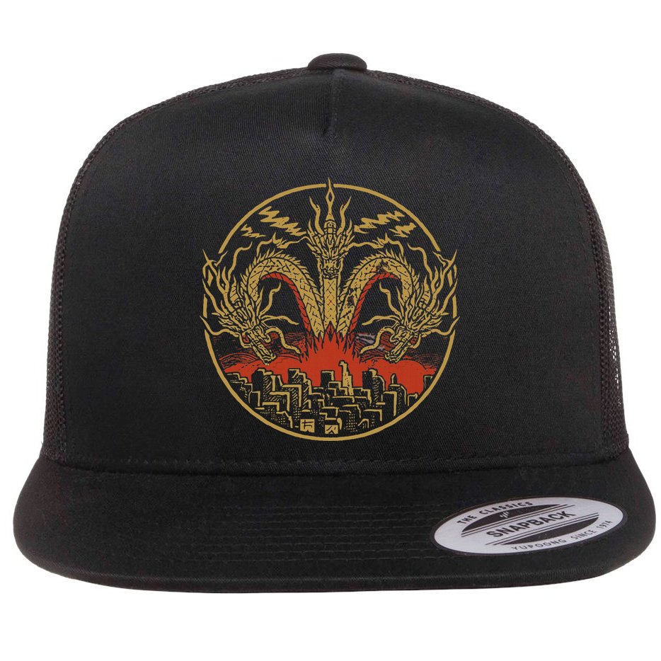Vintage Dragon King Ghidorah Art Sunset Japanese Flat Bill Trucker Hat