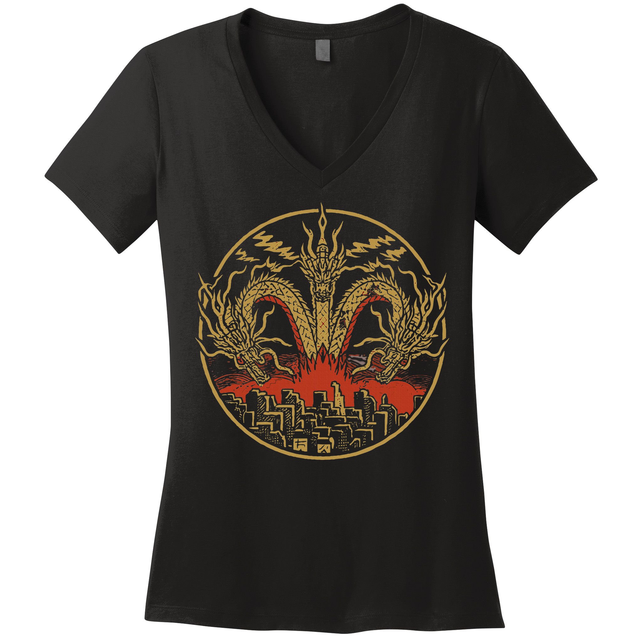Vintage Dragon King Ghidorah Art Sunset Japanese Women's V-Neck T-Shirt