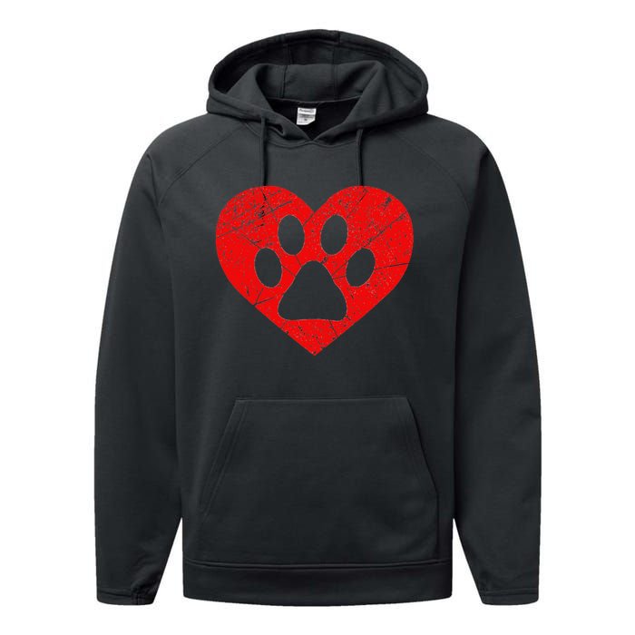 Vintage Dog Lover Heart Love Valentine's Day Paw Print Performance Fleece Hoodie