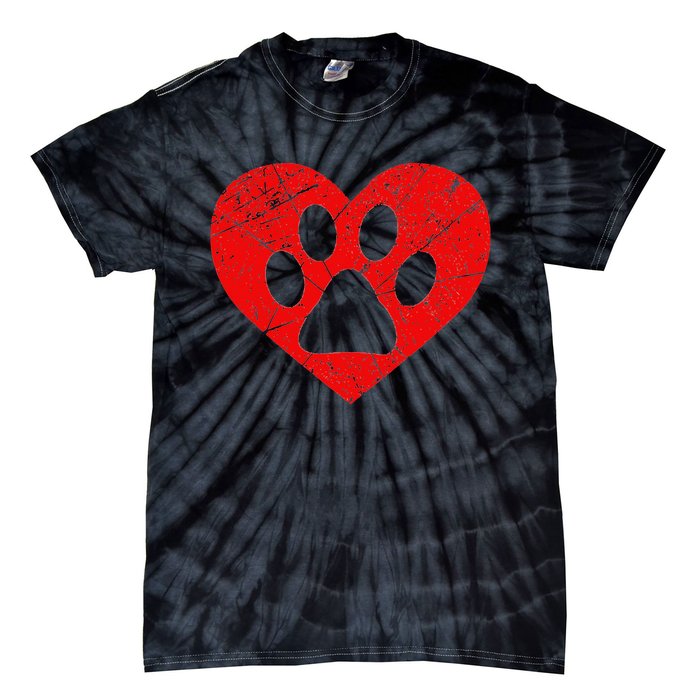 Vintage Dog Lover Heart Love Valentine's Day Paw Print Tie-Dye T-Shirt