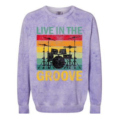 Vintage Drumkit Live In The Groove Retro Drummer Sunset Colorblast Crewneck Sweatshirt