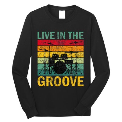 Vintage Drumkit Live In The Groove Retro Drummer Sunset Long Sleeve Shirt