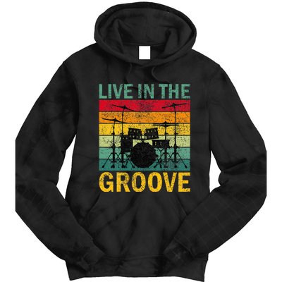 Vintage Drumkit Live In The Groove Retro Drummer Sunset Tie Dye Hoodie