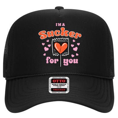 Valentines Day Lollipop Sucker For You Heart Candy High Crown Mesh Back Trucker Hat