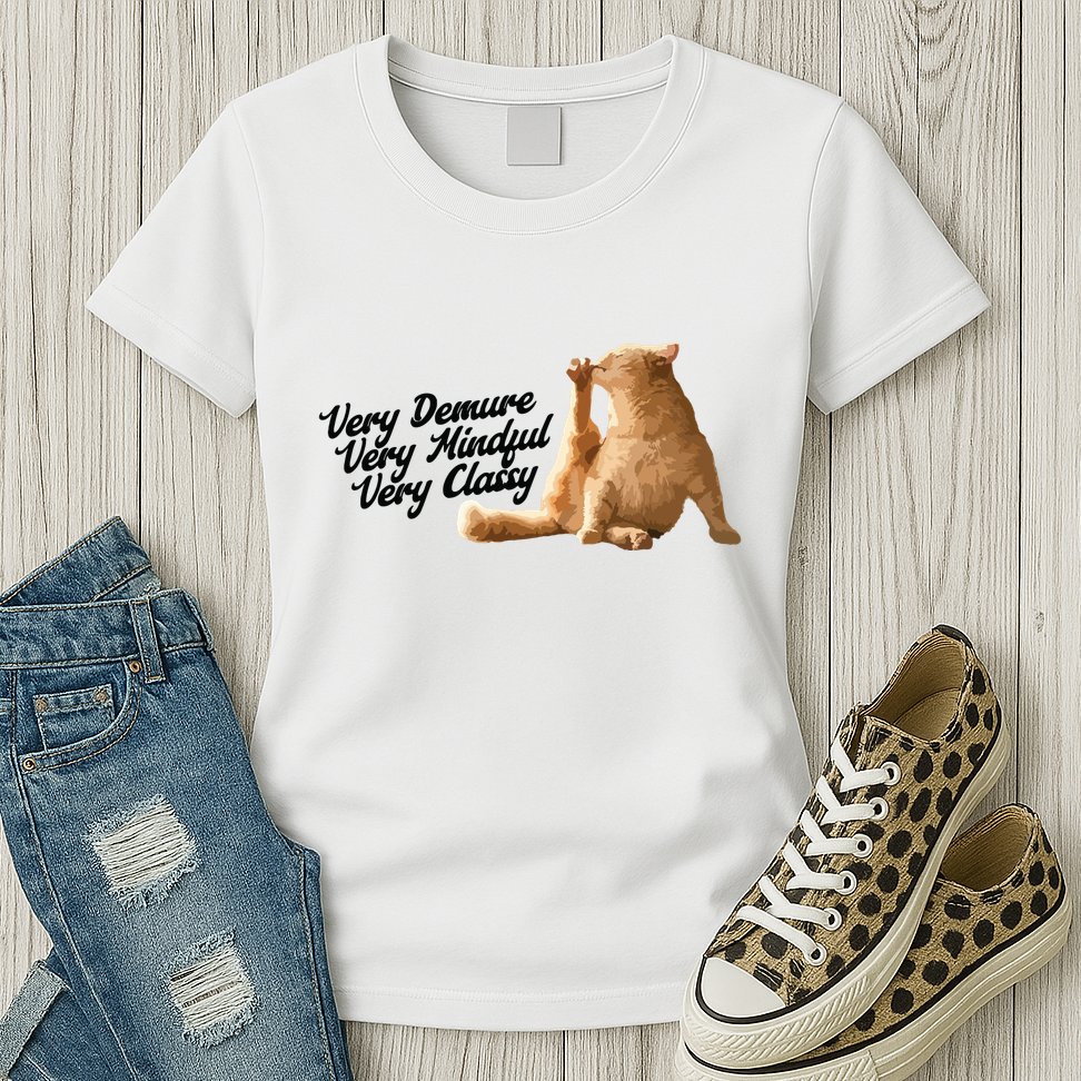 Very Demure Mindful Classy Meme Funny Cat Womens T-Shirt