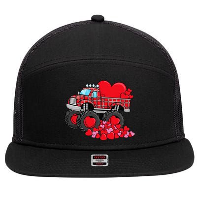 ValentineS Day Monster Truck With Hearts Plaid 7 Panel Mesh Trucker Snapback Hat
