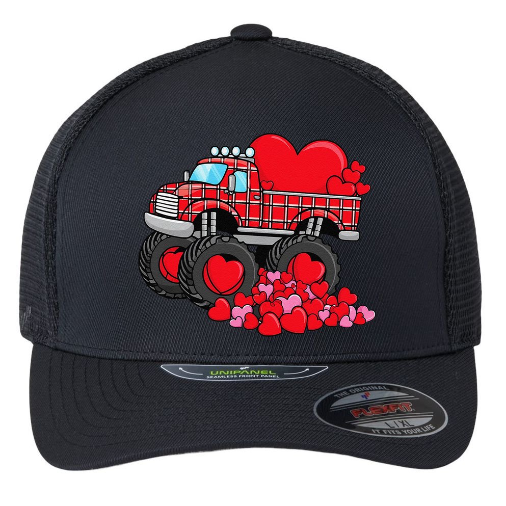 ValentineS Day Monster Truck With Hearts Plaid Flexfit Unipanel Trucker Cap