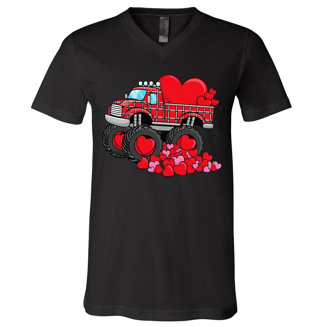 ValentineS Day Monster Truck With Hearts Plaid V-Neck T-Shirt