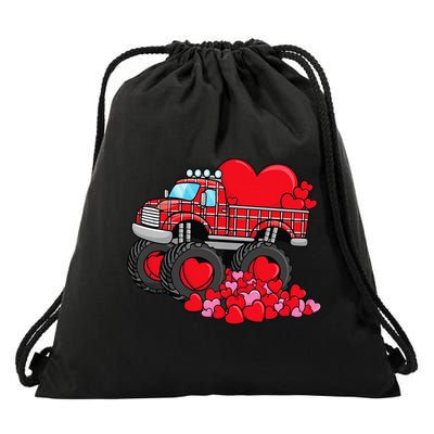 ValentineS Day Monster Truck With Hearts Plaid Drawstring Bag