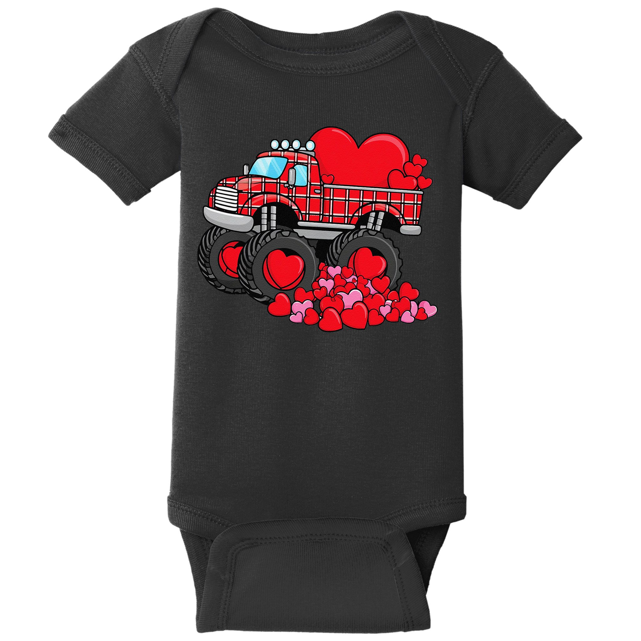ValentineS Day Monster Truck With Hearts Plaid Baby Bodysuit