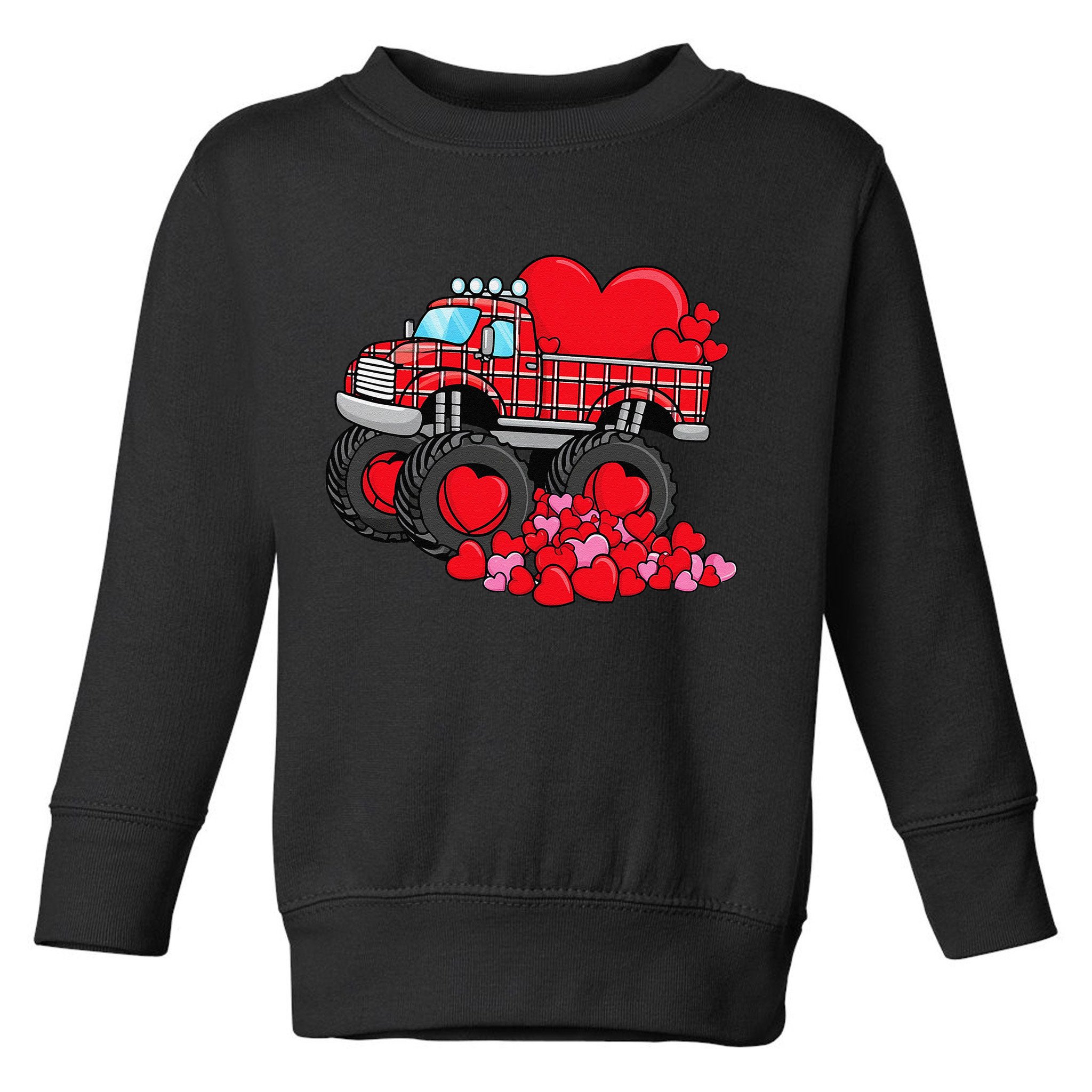 ValentineS Day Monster Truck With Hearts Plaid Toddler Sweatshirt