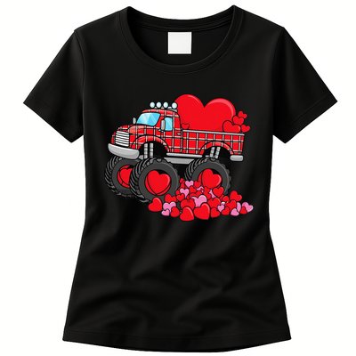 ValentineS Day Monster Truck With Hearts Plaid Womens T-Shirt