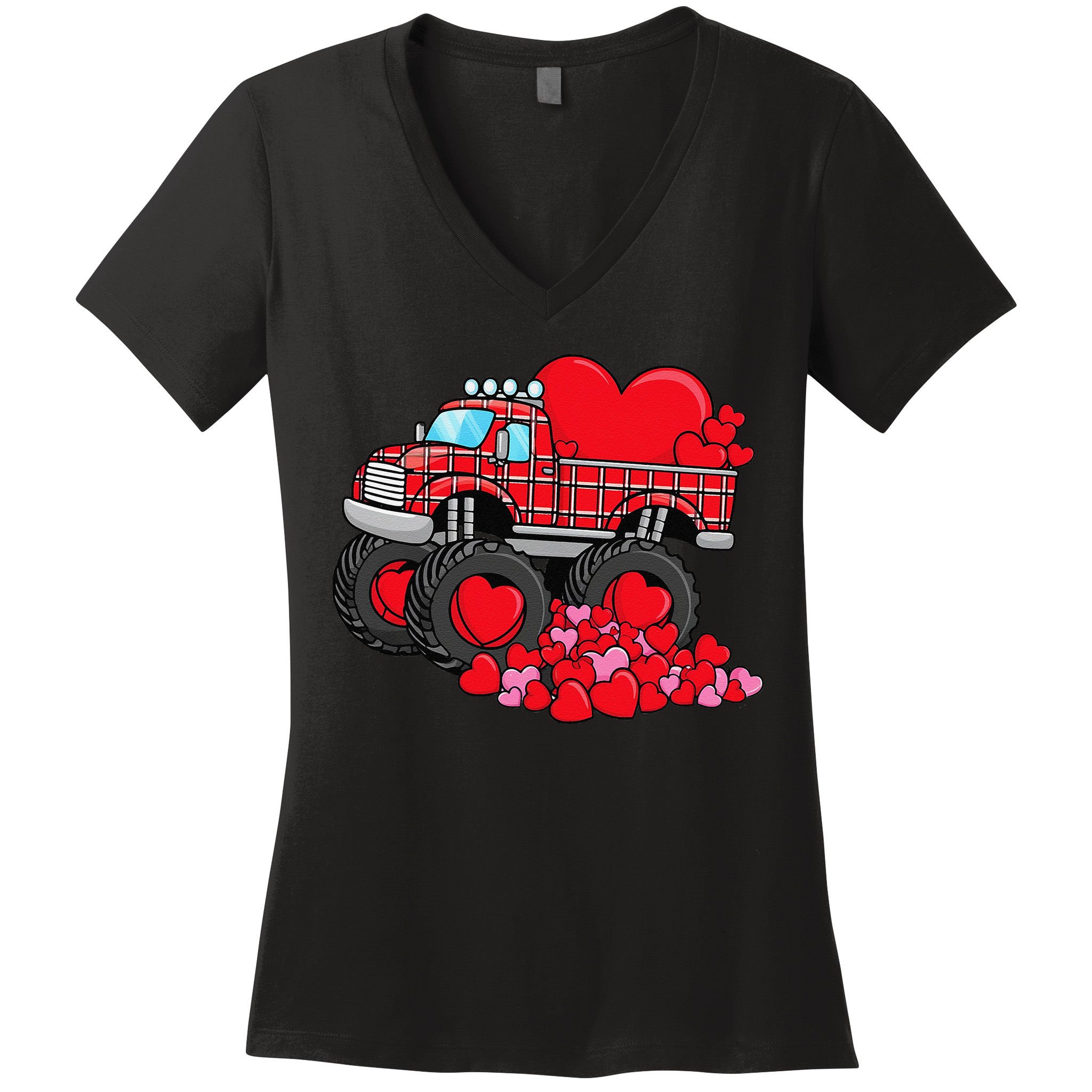 ValentineS Day Monster Truck With Hearts Plaid Women's V-Neck T-Shirt