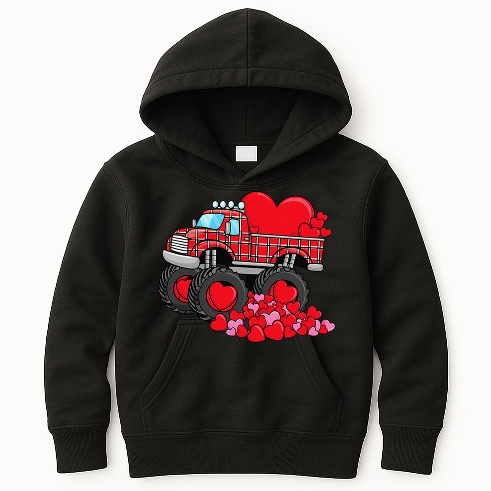 ValentineS Day Monster Truck With Hearts Plaid Kids Hoodie