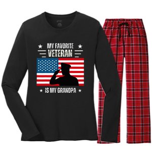 Veterans Day Military My Favorite Veteran Is My Grandpa Women's Long Sleeve Flannel Pajama Set 