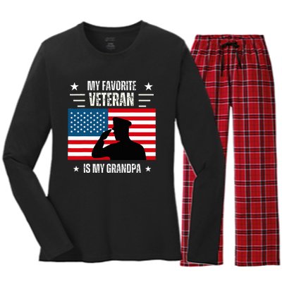 Veterans Day Military My Favorite Veteran Is My Grandpa Women's Long Sleeve Flannel Pajama Set 