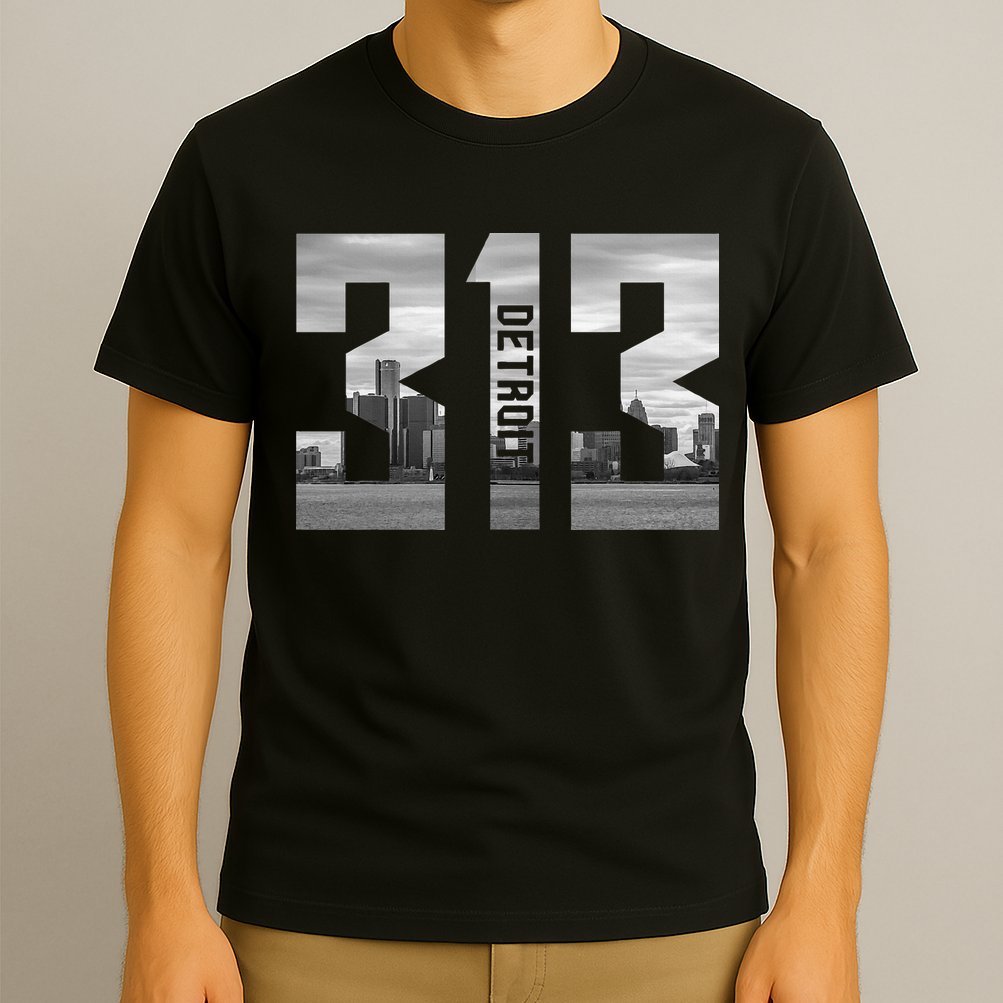 Vintage Detroit Michigan 313 Area Code Skyline T-Shirt