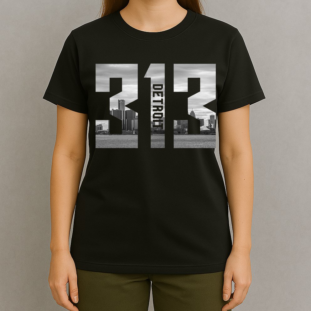 Vintage Detroit Michigan 313 Area Code Skyline T-Shirt