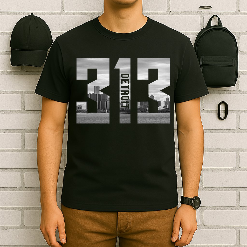 Vintage Detroit Michigan 313 Area Code Skyline T-Shirt
