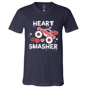 Valentines Day Monster Truck Heart Smasher Boy V-Neck T-Shirt