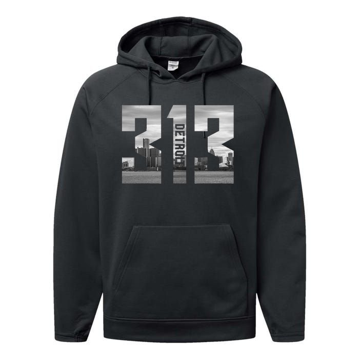 Vintage Detroit Michigan 313 Area Code Skyline Performance Fleece Hoodie