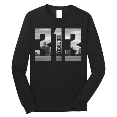 Vintage Detroit Michigan 313 Area Code Skyline Long Sleeve Shirt