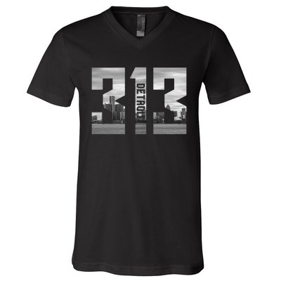 Vintage Detroit Michigan 313 Area Code Skyline V-Neck T-Shirt