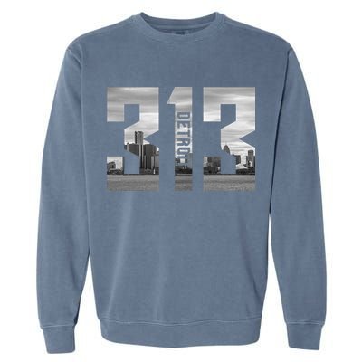Vintage Detroit Michigan 313 Area Code Skyline Garment-Dyed Sweatshirt