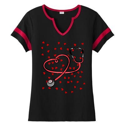 Valentines Day Nurse Stethoscope Hearts Ladies Halftime Notch Neck Tee