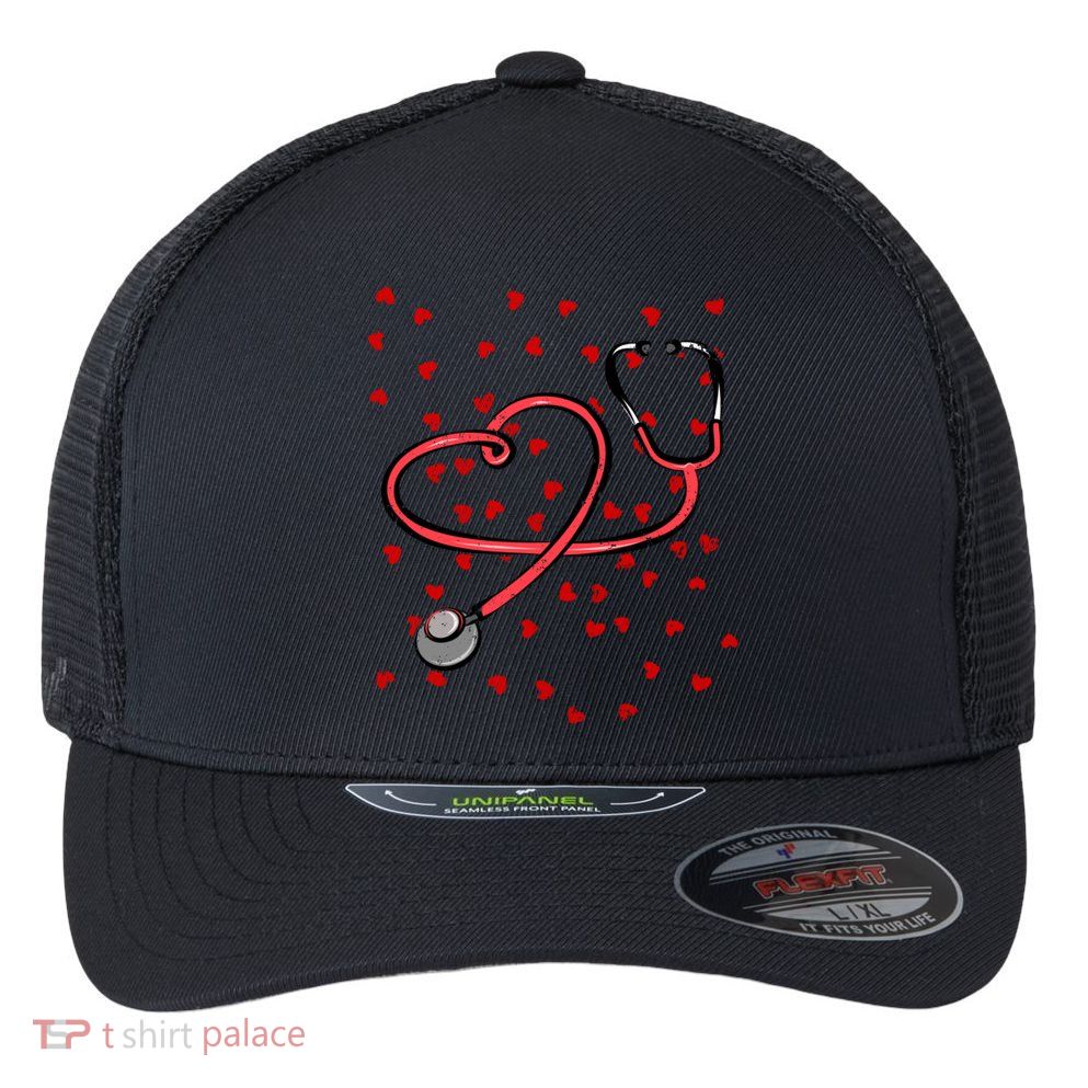 Valentines Day Nurse Stethoscope Hearts Flexfit Unipanel Trucker Cap