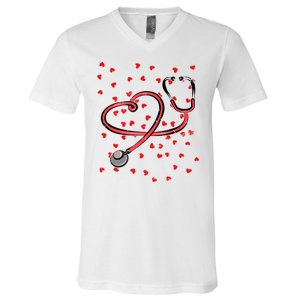 Valentines Day Nurse Stethoscope Hearts V-Neck T-Shirt