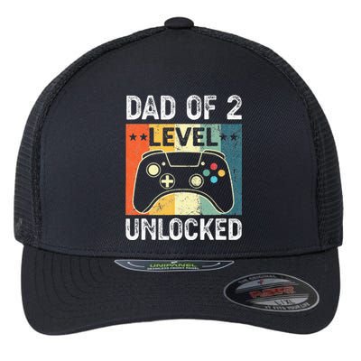 Vintage Dad Of Two Level Unlocked Pregnancy Announcement Flexfit Unipanel Trucker Cap