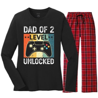 Vintage Dad Of Two Level Unlocked Pregnancy Announcement Women's Long Sleeve Flannel Pajama Set 