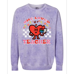 Valentines Day One Loved Teacher Retro Groovy Heart Colorblast Crewneck Sweatshirt