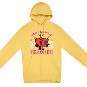 Valentines Day One Loved Teacher Retro Groovy Heart Premium Pullover Hoodie