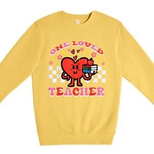 Valentines Day One Loved Teacher Retro Groovy Heart Premium Crewneck Sweatshirt