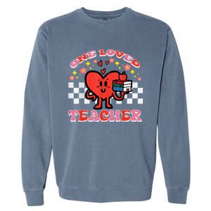 Valentines Day One Loved Teacher Retro Groovy Heart Garment-Dyed Sweatshirt